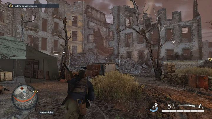 We suggest approaching the town hall from the south - Sniper Elite 5: Mission 8 Kill List Target: Shinji Yoshikawa - walkthrough - Mission 8 - Rubble and ruins - Sniper Elite 5 Guide, Walkthrough