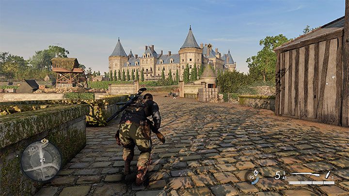 Bridge over the river is by default guarded by several soldiers (including at least one on the observation tower) and a machine gun operator - Sniper Elite 5: Infiltrating the Chateau and finding Mollers office (mission 2) - walkthrough - Mission 2 - Occupied Residence - Sniper Elite 5 Guide, Walkthrough