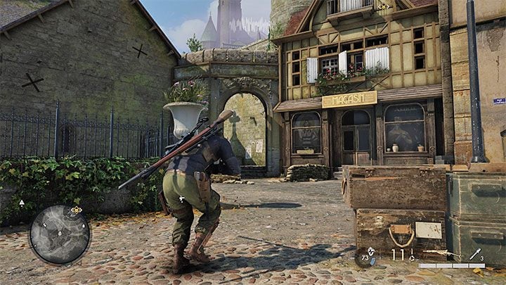 The less obvious variant is to look for the path that begins at the back of the church (the smaller one from the eastern part of the map, the one where you've found Bruhl) - Sniper Elite 5: Eavesdropping on the meeting and getting intel on Kraken (mission 3) - walkthrough - Mission 3 - Spy Academy - Sniper Elite 5 Guide, Walkthrough