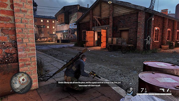Matthaus Ehrlich stays in the same place throughout the mission, in a building in the southern part of the factory - Sniper Elite 5: Kill List Target - Matthaus Ehrlich (Mission 4) - walkthrough - Mission 4 - War Factory - Sniper Elite 5 Guide, Walkthrough