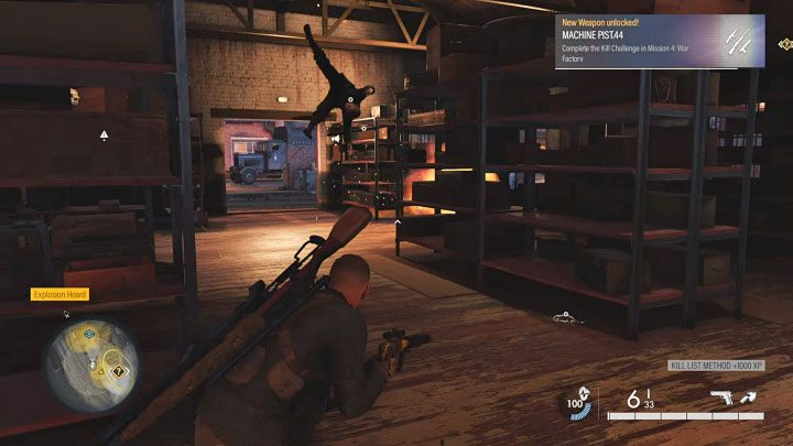 After opening the side door, sneak up from behind and stand in the place where you can see the rat bomb (example in picture 1) - Sniper Elite 5: Kill List Target - Matthaus Ehrlich (Mission 4) - walkthrough - Mission 4 - War Factory - Sniper Elite 5 Guide, Walkthrough
