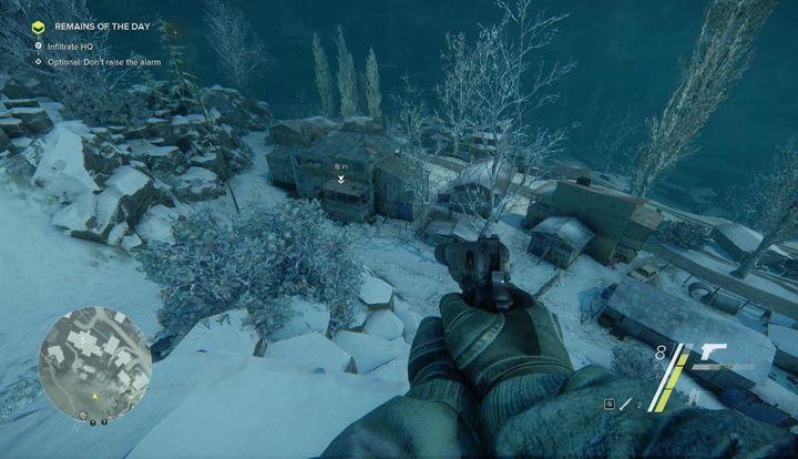 There are two entrances on the left side of the building: the main door visible in the screenshot and a window that you can reach with a ladder (on the left of the entrance) - Remains of the Day | Act 2 | Walkthrough - Act 2 - Sniper: Ghost Warrior 3 Game Guide