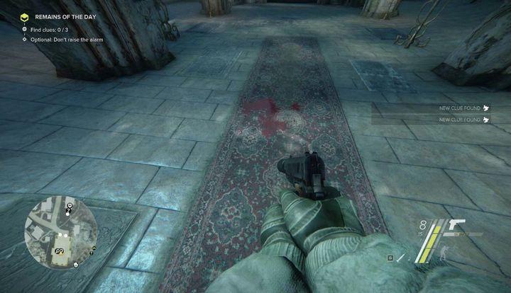 There are three clues in the church: a bloodstain in the middle, a bullet mark in the floor, on the left, and a hole in the wall (above the door that you used to get inside) - Remains of the Day | Act 2 | Walkthrough - Act 2 - Sniper: Ghost Warrior 3 Game Guide