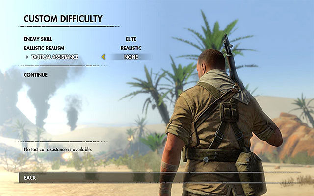 Additional options of the difficulty level screen. - Sniper Elite 3 Afrika: Selecting difficulty level - Sniper Elite 3 Afrika: Hints - Sniper Elite III: Afrika Game Guide