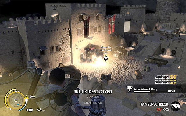 Try to destroy the truck - Sniper Elite 3 Afrika: Clearing the courtyard from enemy forces - Sniper Elite 3 Afrika: Mission 4 - Fort Rifugio - Sniper Elite III: Afrika Game Guide