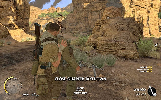 The first soldier that you encounter - Sniper Elite 3 Afrika: Destroying the first rocket launcher - Sniper Elite 3 Afrika: Mission 6 - Kasserine Pass - Sniper Elite III: Afrika Game Guide