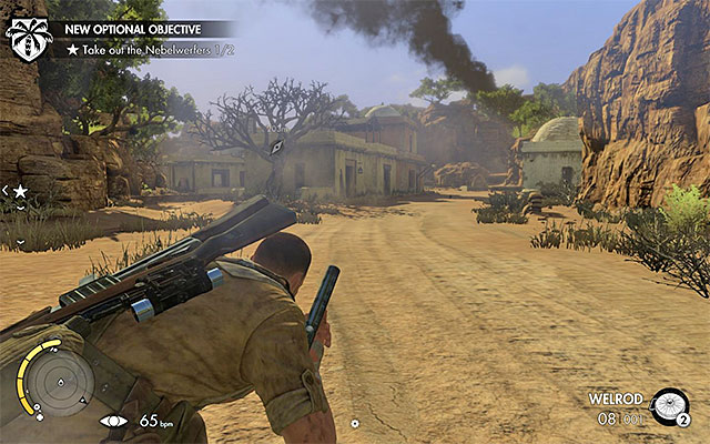 You can approach the village, e.g. from the North or from the North-East - Sniper Elite 3 Afrika: Destroying the second rocket launcher - Sniper Elite 3 Afrika: Mission 6 - Kasserine Pass - Sniper Elite III: Afrika Game Guide