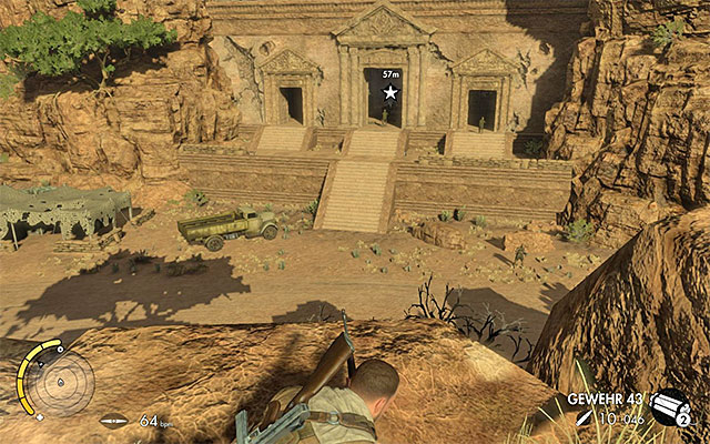 Attack the enemies from the hill - Sniper Elite 3 Afrika: Eliminating the temple guards - Sniper Elite 3 Afrika: Mission 6 - Kasserine Pass - Sniper Elite III: Afrika Game Guide