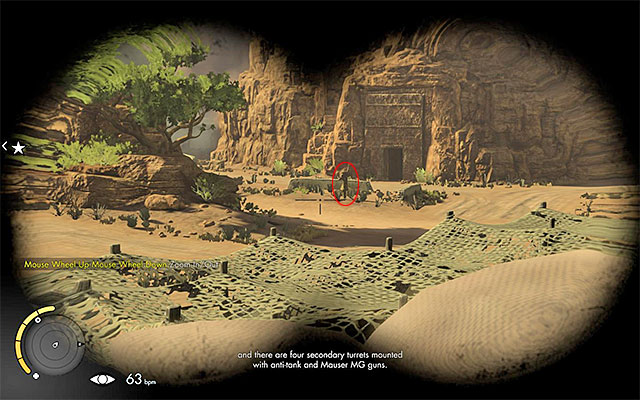 Right after you exit the temple, hide behind the nearest cover - Sniper Elite 3 Afrika: Reaching Brauers corpse - Sniper Elite 3 Afrika: Mission 6 - Kasserine Pass - Sniper Elite III: Afrika Game Guide