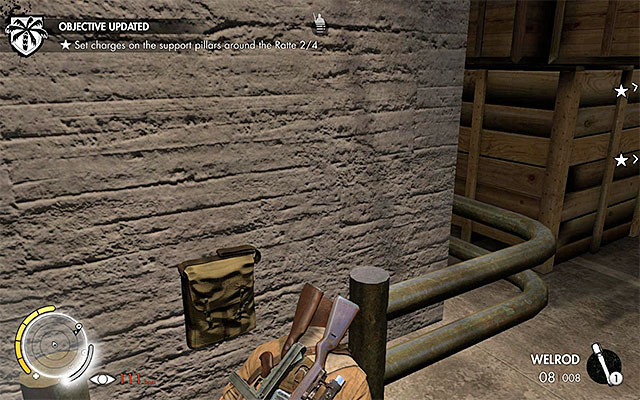 The spot to plant an explosive in the South-Western part of the hall - Sniper Elite 3 Afrika: Planting four explosives at the pillars - Sniper Elite 3 Afrika: Mission 8 - Ratte Factory - Sniper Elite III: Afrika Game Guide