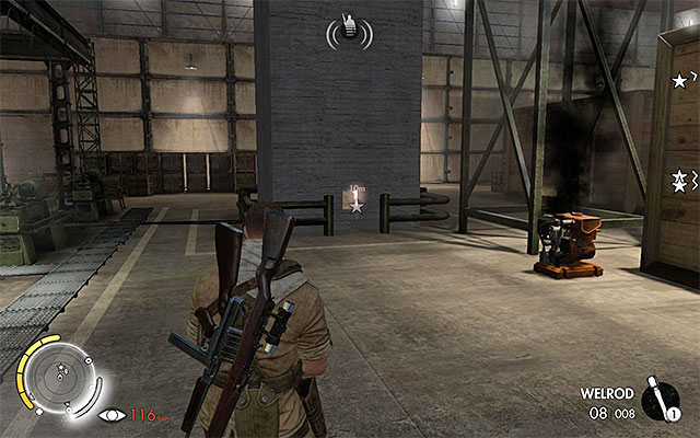 The spot to plant an explosive in the South-Eastern part of the hall - Sniper Elite 3 Afrika: Planting four explosives at the pillars - Sniper Elite 3 Afrika: Mission 8 - Ratte Factory - Sniper Elite III: Afrika Game Guide