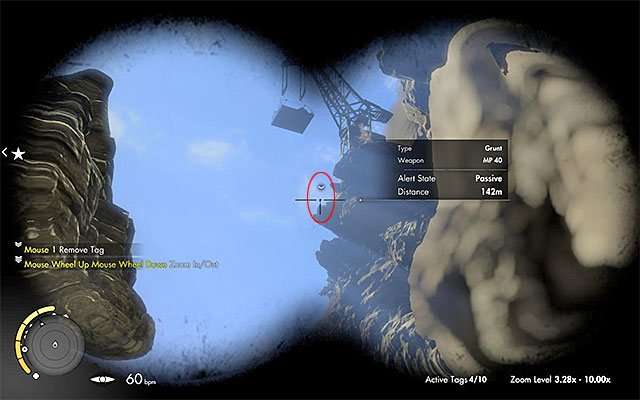 After you take your position in the nest, target the sniper rifle at the enemy standing on the edge, above your character, to the North of you - Sniper Elite 3 Afrika: Long Shots Collectibles - Mission 8 - Sniper Elite 3 Afrika: Collectibles - Mission 8 - Sniper Elite III: Afrika Game Guide