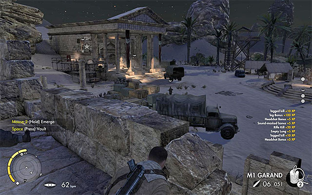 The enemies are stationed around the building. - Sniper Elite 3 Afrika: Eliminating the fourth enemy officer - Sniper Elite 3 Afrika: Mission 2 - Gaberoun - Sniper Elite III: Afrika Game Guide