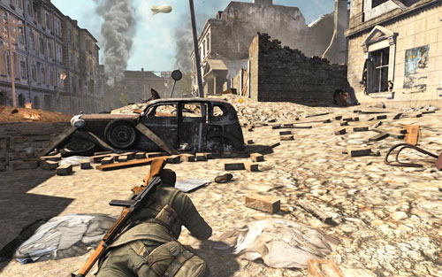 However if you still want to try and kill at least some enemies quietly, leave the building and crawl to one of the vehicles [#3] - Mission 1 - Schoneberg Convoy - p. 1 - Walkthrough - Sniper Elite V2 Game Guide & Walkthrough