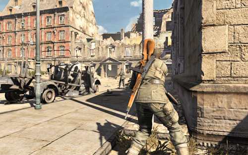 The third German can be easily killed by heading to the corner of the ruins - Mission 1 - Schoneberg Convoy - p. 1 - Walkthrough - Sniper Elite V2 Game Guide & Walkthrough