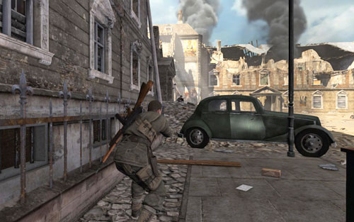 The road is very simple - slowly head towards the soldiers [#10b] - Mission 1 - Schoneberg Convoy - p. 2 - Walkthrough - Sniper Elite V2 Game Guide & Walkthrough