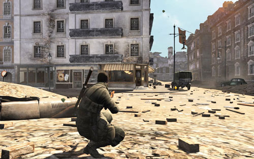 There are still two more Germans sitting inside the cafe - you can kill them with one bullet - Mission 1 - Schoneberg Convoy - p. 2 - Walkthrough - Sniper Elite V2 Game Guide & Walkthrough