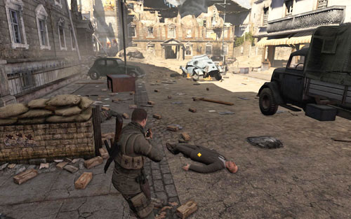 After clearing the area, run downstairs - Mission 1 - Schoneberg Convoy - p. 2 - Walkthrough - Sniper Elite V2 Game Guide & Walkthrough