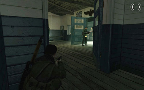 Before starting to eliminate the soldiers on the square, slowly move inside the first building [#4] - Mission 2 - Mittelwerk Facility - p. 1 - Walkthrough - Sniper Elite V2 Game Guide & Walkthrough