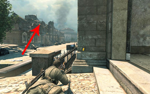 After obtaining the new equipment, go down the stairs - this time there will be no truck blocking the entrance - Mission 3 - Kaiser-Friedrich Museum - p. 1 - Walkthrough - Sniper Elite V2 Game Guide & Walkthrough