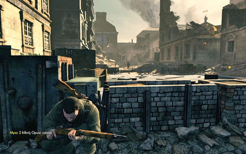 Crouch and go forward - you need to reach more or less the middle of the street [#1] and hide behind a wall - Mission 4 - Opernplatz - p. 1 - Walkthrough - Sniper Elite V2 Game Guide & Walkthrough