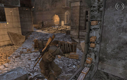 Head to the marked building [#2] and afterwards beside the stairs to the back, where you will be able to move on thanks to the destroyed wall - Mission 5 - St. Olibartus Church - p. 1 - Walkthrough - Sniper Elite V2 Game Guide & Walkthrough