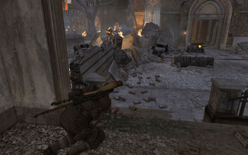 One of the hardest fragments is heading from the building to the church If you have decided not to kill all the soldiers on the streets, you can now draw away their attention by throwing a stone somewhere far - Mission 5 - St. Olibartus Church - p. 1 - Walkthrough - Sniper Elite V2 Game Guide & Walkthrough