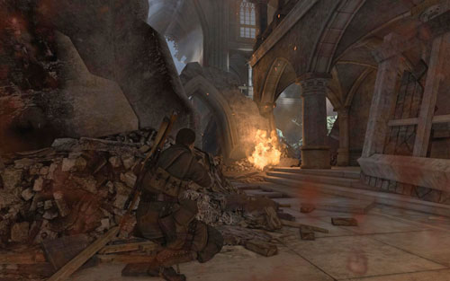 Inside the church you will come across three soldiers guarding this area, you should especially look out for the one by the barriers on the upper floor - Mission 5 - St. Olibartus Church - p. 2 - Walkthrough - Sniper Elite V2 Game Guide & Walkthrough