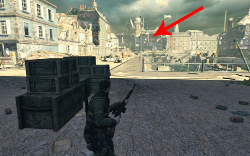 After reaching some more crates [#1], carefully look for a sniper on the building in the distance - also look out for more waves of Russians and Germans that will attack you from both sides - Mission 8 - Kreuzberg Headquarters - p. 1 - Walkthrough - Sniper Elite V2 Game Guide & Walkthrough