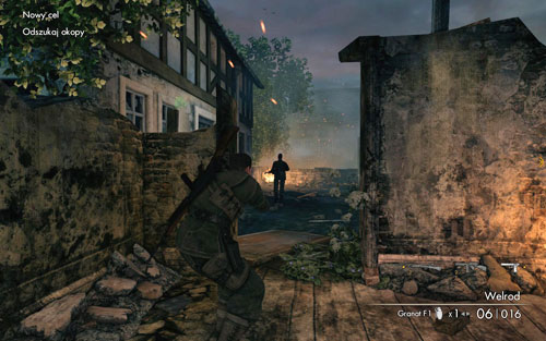 Right after the mission begins, equip the silenced pistol and get rid of the soldier in front of you (you can also finish off the dying one) - Mission 9 - Koepenick Launch Site - Walkthrough - Sniper Elite V2 Game Guide & Walkthrough