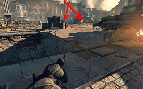 Crawl to the first wall [#4] and wait for the enemy patrolling the middle of the square to get near - Mission 10 - Brandenburg Gate - p. 2 - Walkthrough - Sniper Elite V2 Game Guide & Walkthrough