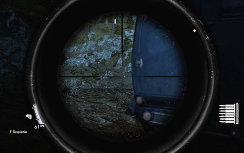 Another way implies planting dynamite on the road (more or less as seen on the screenshot) and then shooting it (easier than the grenade, as the target isnt moving), therefore killing all four soldiers - DLC - Assassinate the Fuhrer - Walkthrough - Sniper Elite V2 Game Guide & Walkthrough