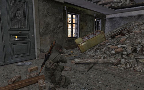 After going down a collapsed fragment onto the lower floor [#7], to the right you will find a fridge - the gold is right behind it - Mission 1 | Wine Bottles and Gold Bars - Wine Bottles and Gold Bars - Sniper Elite V2 Game Guide & Walkthrough