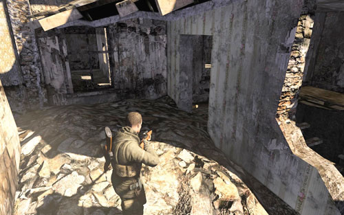 After getting rid of Kreidl and destroying the tank (overall, after clearing the area), as you go down to search the body, turn around on one of the floors - you should see a door - Mission 1 | Wine Bottles and Gold Bars - Wine Bottles and Gold Bars - Sniper Elite V2 Game Guide & Walkthrough