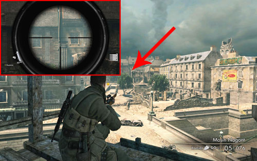 As you evacuate, before jumping onto the street, look almost perfectly straight towards one of the pillars [#4] - Mission 3 | Wine Bottles and Gold Bars - Wine Bottles and Gold Bars - Sniper Elite V2 Game Guide & Walkthrough