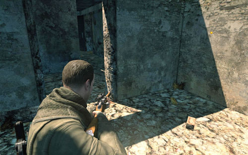 Inside the ruined building on the right - head inside through the main entrance and pass by the stairs - Mission 3 | Wine Bottles and Gold Bars - Wine Bottles and Gold Bars - Sniper Elite V2 Game Guide & Walkthrough