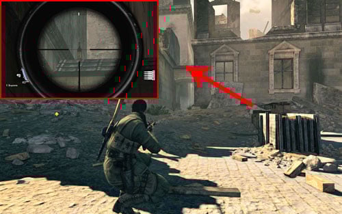 The bottle can be found at the very beginning of a narrow alley [#1] which you have to enter at the beginning - Mission 4 | Wine Bottles and Gold Bars - Wine Bottles and Gold Bars - Sniper Elite V2 Game Guide & Walkthrough