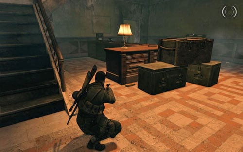 After you enter the building, right beside the counter by the crates [#2] - Mission 4 | Wine Bottles and Gold Bars - Wine Bottles and Gold Bars - Sniper Elite V2 Game Guide & Walkthrough