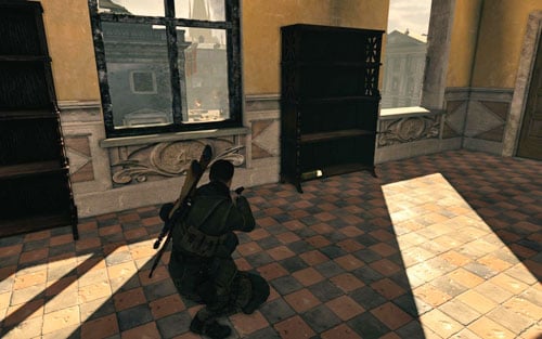 After killing the first German and heading onto the upper floor - go to the very top - Mission 4 | Wine Bottles and Gold Bars - Wine Bottles and Gold Bars - Sniper Elite V2 Game Guide & Walkthrough
