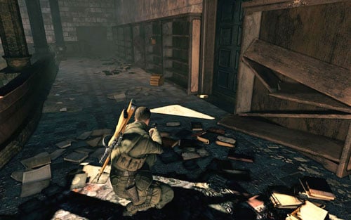 After reaching the second target building and eliminate the soldier and sniper, go up the stairs and head right - Mission 4 | Wine Bottles and Gold Bars - Wine Bottles and Gold Bars - Sniper Elite V2 Game Guide & Walkthrough