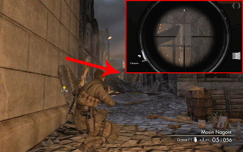 After heading into the first building and going to its back, the bottle can be found on a frame of a destroyed window [#1] in the distance, right beside a small street - Mission 5 | Wine Bottles and Gold Bars - Wine Bottles and Gold Bars - Sniper Elite V2 Game Guide & Walkthrough