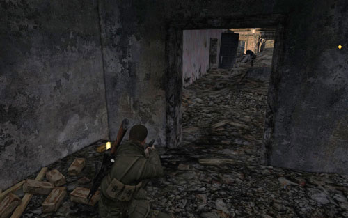 In the dead end [#2], right beside the first intersection - Mission 7 | Wine Bottles and Gold Bars - Wine Bottles and Gold Bars - Sniper Elite V2 Game Guide & Walkthrough
