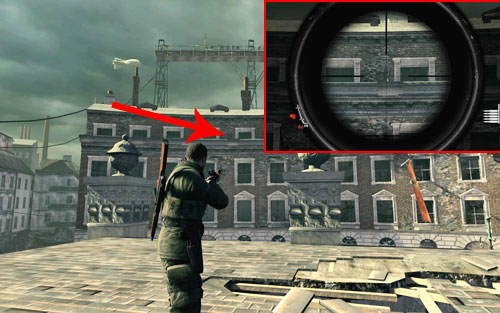 On the ledge of the building [#4] you need to reach to find the documents, its best to head onto the destroyed object in the middle of the square, from where you will have a good view of the bottle - Mission 8 | Wine Bottles and Gold Bars - Wine Bottles and Gold Bars - Sniper Elite V2 Game Guide & Walkthrough