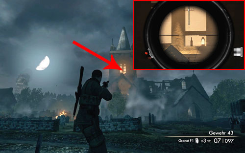 At the top of the church tower [#1], in one of the windows - Mission 9 | Wine Bottles and Gold Bars - Wine Bottles and Gold Bars - Sniper Elite V2 Game Guide & Walkthrough