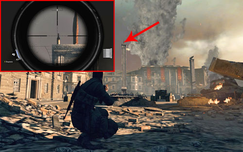 After reaching the square leading to the gate, the bottle can be found at the top of the first pillar [#2] you see - Mission 10 | Wine Bottles and Gold Bars - Wine Bottles and Gold Bars - Sniper Elite V2 Game Guide & Walkthrough