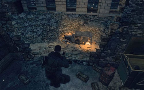 Inside the car wreck [#5] in the street behind the building through which you have passed - Mission 10 | Wine Bottles and Gold Bars - Wine Bottles and Gold Bars - Sniper Elite V2 Game Guide & Walkthrough