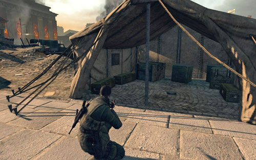 On a crate inside the tent [#8] beside the tank (the working one) - Mission 10 | Wine Bottles and Gold Bars - Wine Bottles and Gold Bars - Sniper Elite V2 Game Guide & Walkthrough