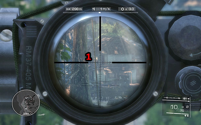 Wait for the soldiers beside the building on the left to get behind the left wall (where he cannot be seen by the others) and eliminate him [300m] - Reach the vantage point, eliminate the targets and avoid detection - Act 1 - Communication Breakdown - Sniper: Ghost Warrior 2 - Game Guide and Walkthrough