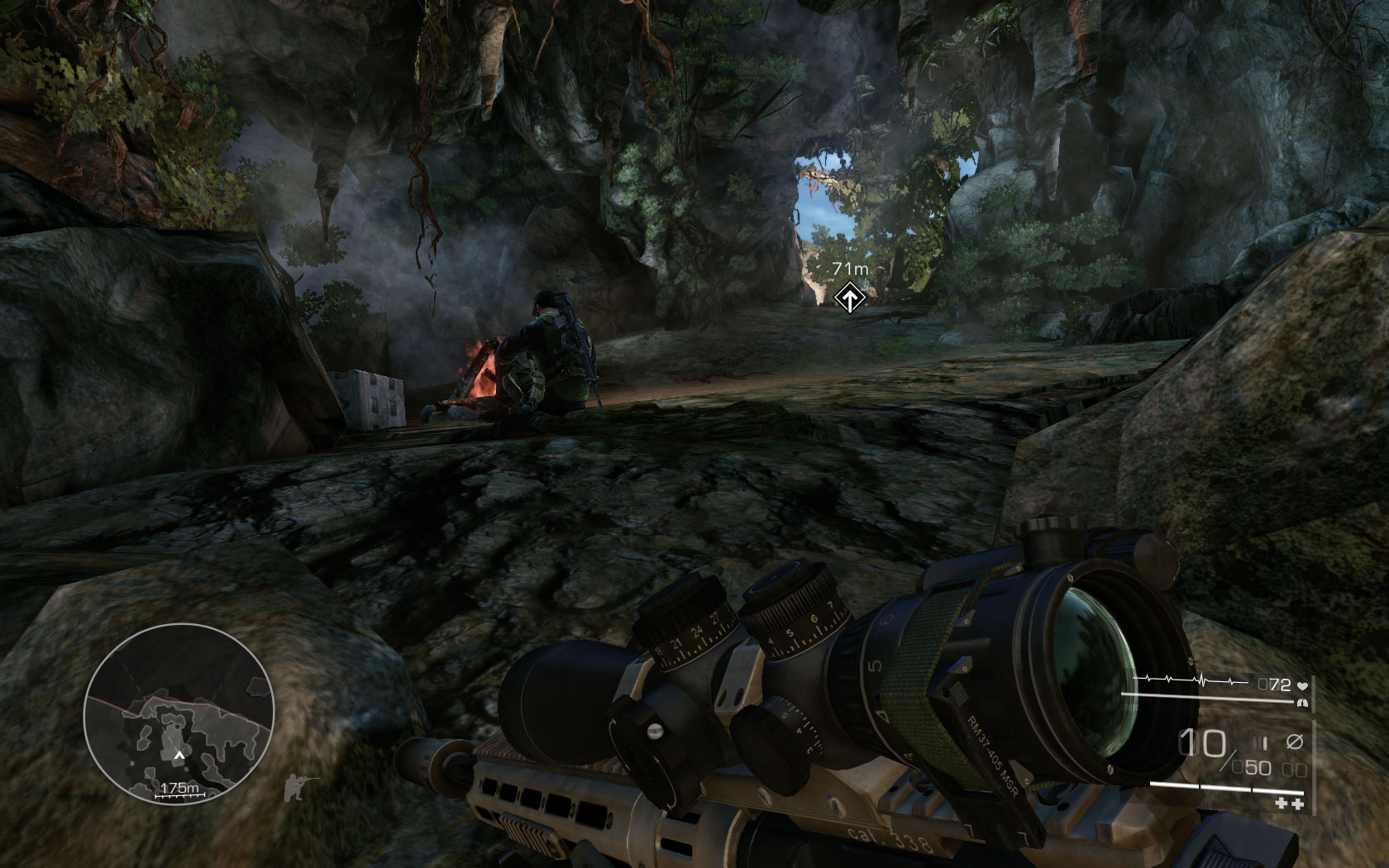 Assassinate the soldier sitting by the campfire, head out of the water and slowly move to the cave exit guarded by another soldier - you can kill him using your sniper rifle [53m] or knife - Swim through the underground passage and reach the church tower - Act 1 - Communication Breakdown - Sniper: Ghost Warrior 2 - Game Guide and Walkthrough