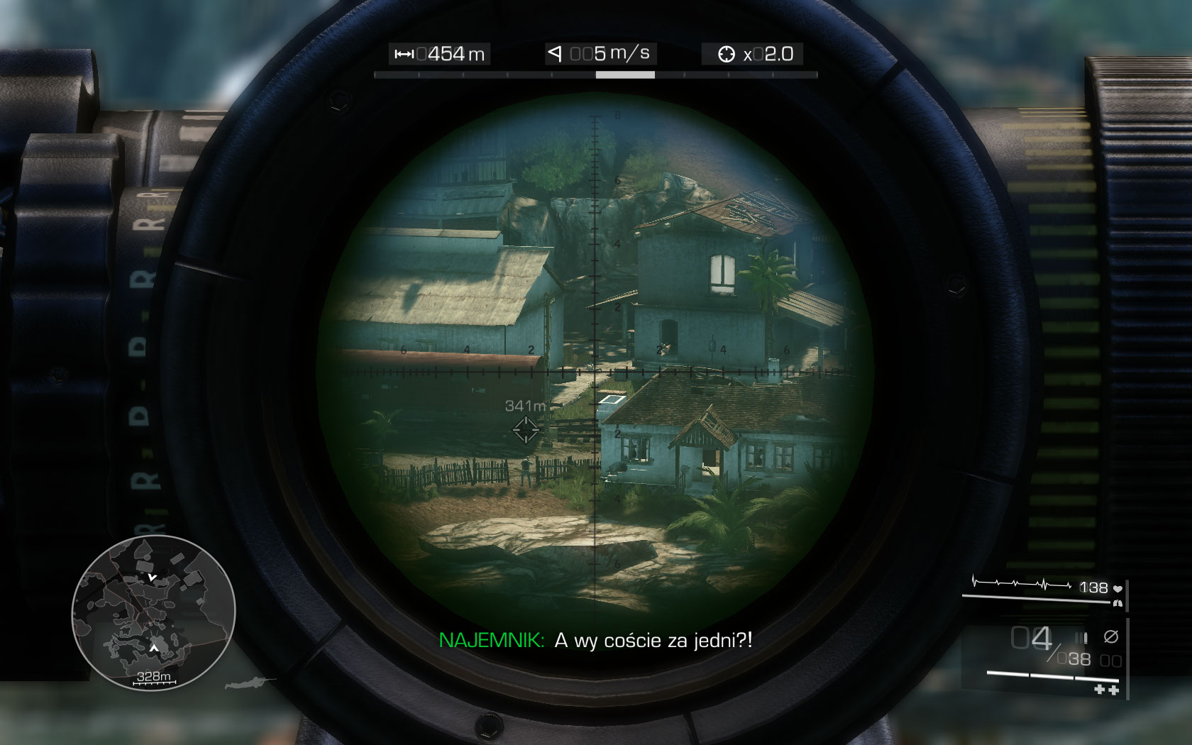 The first of the two next soldiers is moving - wait for him to stand by the fuse box and get rid of him [455m], without forgetting about the second one inside the building [475m] - Provide cover for the assault team - Act 1 - Communication Breakdown - Sniper: Ghost Warrior 2 - Game Guide and Walkthrough